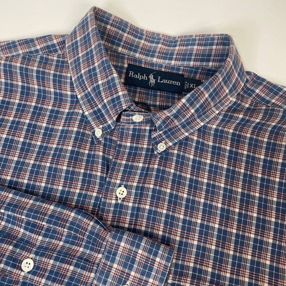 Ralph Lauren Plaid Button Down Shirt Men XL Blue Red White Long‎ Sleeve Casual